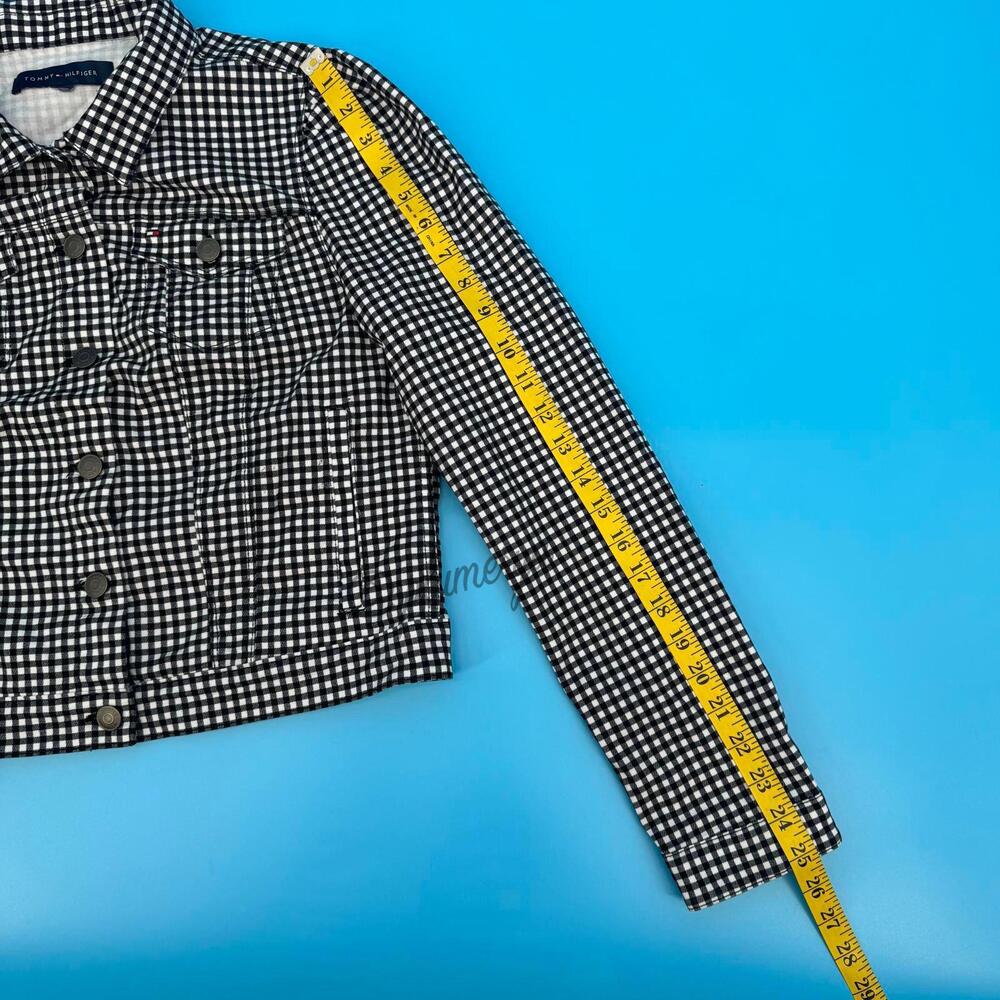 Tommy Hilfiger Women's Black White Gingham Cropped Puff Shoulder Jacket Size S - Picture 5 of 7